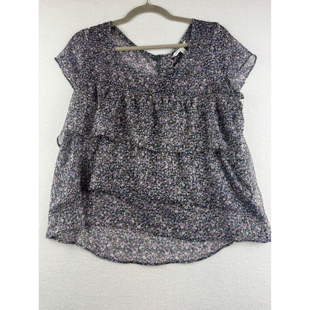American Eagle Floral Tiered‎ Ruffle Blouse Purple Metallic Stripe Back Zip L